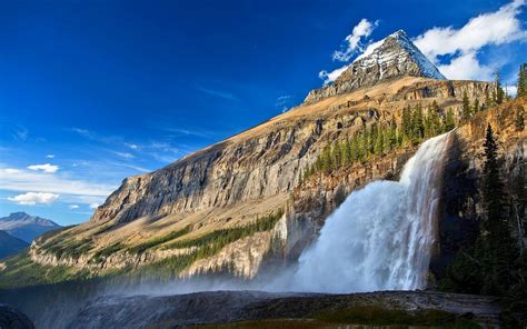Landscape Nature Canada Waterfall Mountain Forest Snowy Peak