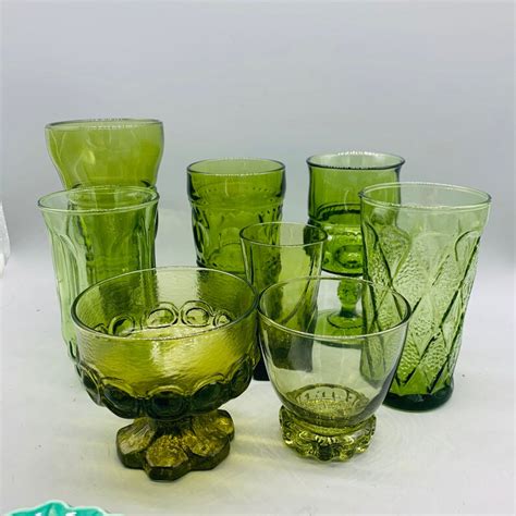 Mismatched Set Of 8 Vintage Green Drinking Glasses Etsy