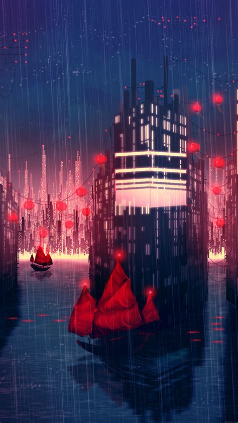 Iphone Wallpaper Aj08 Rainy Anime City Art