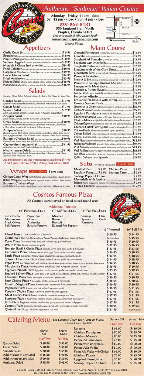 menu at cosmos ristorante and pizzeria naples