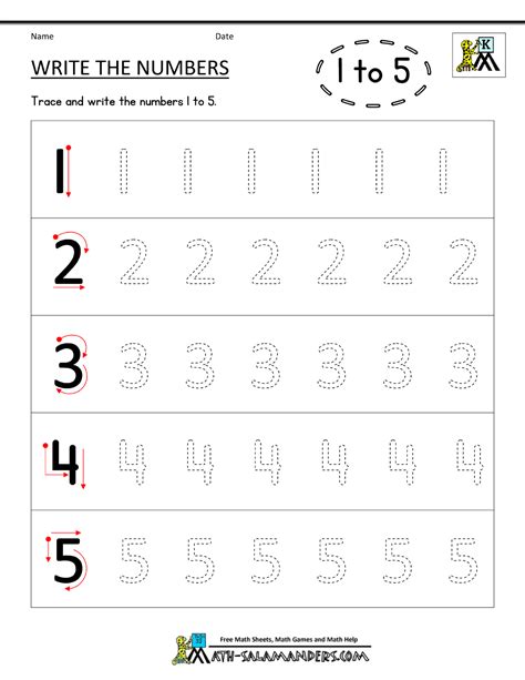 Writing Numbers Worksheets Write The Numbers 1 To 5 Writing Numbers