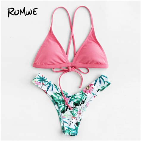 Romwe Sport Tropical Print High Leg Self Tie Bikini Set 2018 Summer New