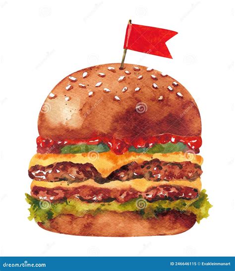 Watercolor Burger Classic American Cheeseburger Stock Illustration