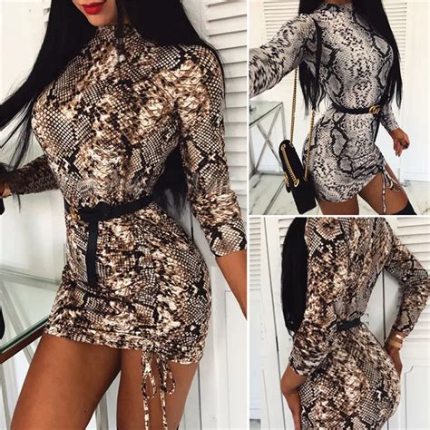 2020 Women Sexy Snake Skin Print Bodycon Dress Clubwear Turtleneck Lace