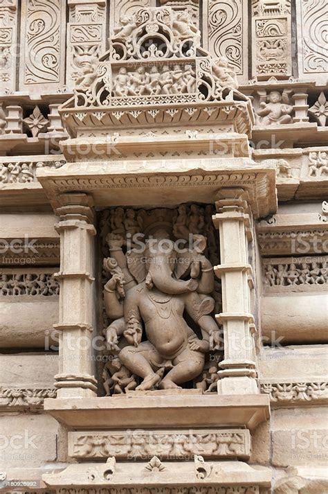 Stone Carved Sculpture Of Elephant God Ganesha In Khajuraho Temp Stock