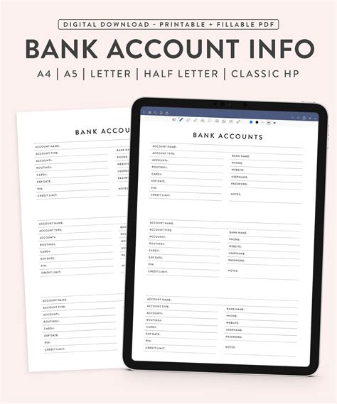 Printable Bank Account Info Sheet Fillable Bank Account Etsy