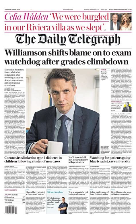 Daily Telegraph Front Page Th Of August Tomorrow S Papers Today