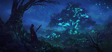 Warrior Fantasy Art Magic Night Trees Blue Wallpapers Hd Desktop