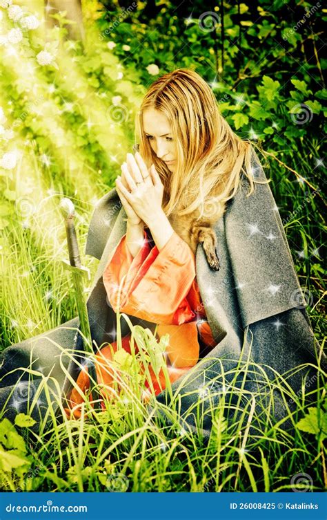 Young Girl On Her Knees Praying In Woods Stock Image Image Of Lady Female 26008425