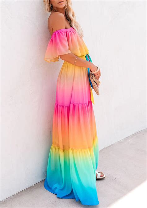 Rainbow Gradient Strapless Off Shoulder Maxi Dress Fairyseason