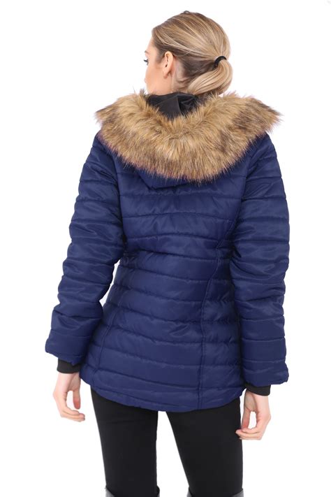 new ladies women fur hooded quilted padded puffer bubble jacket parka