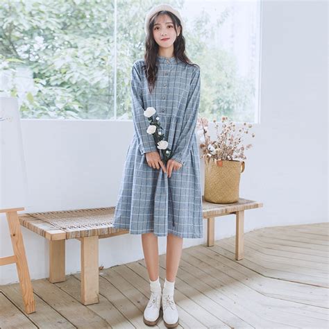 Japanese Mori Girl Dress Literature Style Women Long Sleeve Plaid