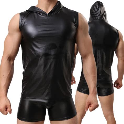 Aliexpress Com Buy Mens Vest Sexy Faux Leather Hooded Tank Tops
