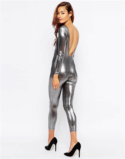 Asos Unitard With V Back In Metallic Silver At Latest