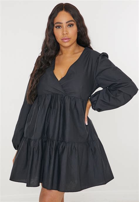 Plus Size Black V Neck Tiered Smock Dress Missguided Australia