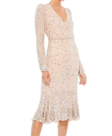 Mac Duggal Sequin Gown With Embellished Hemlin Belt Nude Silver