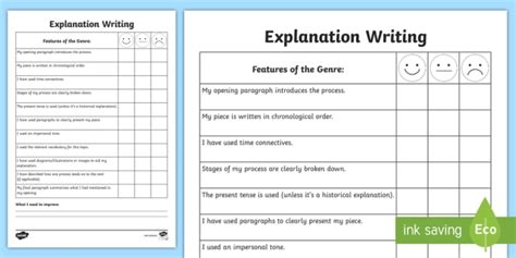 Explanation Writing Student Self Assessment Sheet