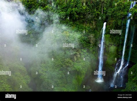 Huge Water Fall Iin Dense Tropical Rainforest On The Island Of Bali