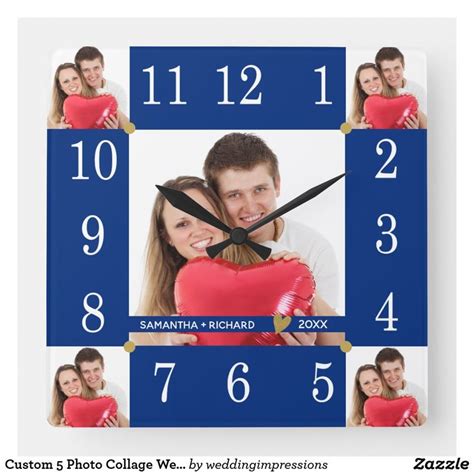 Custom 5 Photo Collage Wedding Anniversary Blue Square Wall Clock
