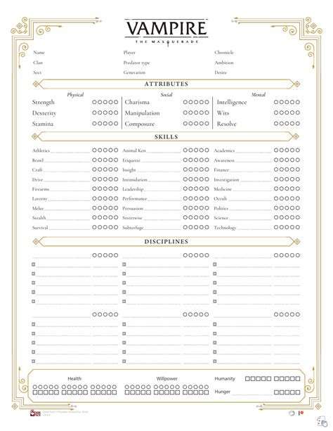 Vampire The Masquerade Character Sheet 5th Edition White Download