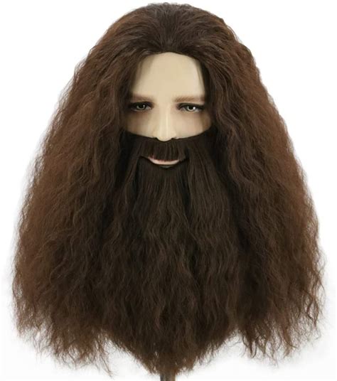 Topcosplay Wig And Beard Inspired By Hagrid Adults Long Brown Curly Wig