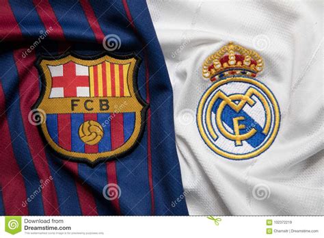 Barcelona and real madrid have a very old rivalry. BANGKOK, THAILAND - OCTOBER 23: The Logo Of Barcelona And ...