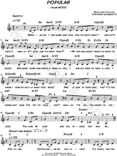 Your source for free piano sheet music, lead sheets & piano tutorials. "Popular" from 'Wicked' Sheet Music (Leadsheet) in C Major - Download & Print - SKU: MN0130723