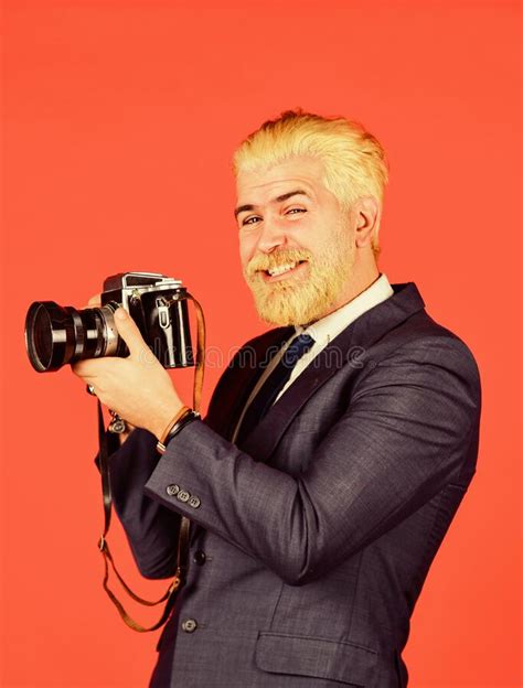 Mature Hipster With Beard Vintage Camera Happy Businessman Hold Retro