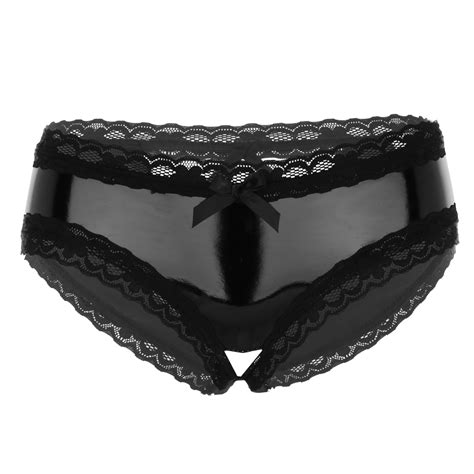 women open crotch v back mini briefs underwear fetish wet look patent leather lingerie lace