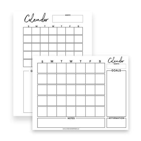 Printable Calendar Monthly Calendar Undated Calendar Blank Etsy