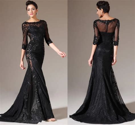 Elegant Free Shipping Custom Made Black Lace Mermaid Prom Gowns Long