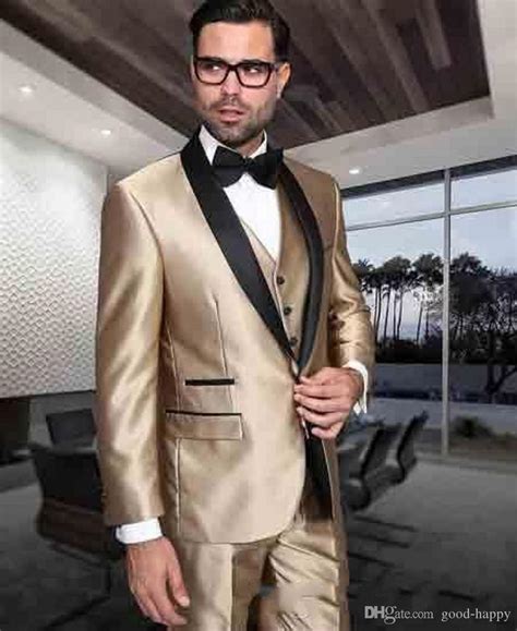 Gold Groom Tuxedos Black Lapel Groomsman Wedding Suit Fashion Men