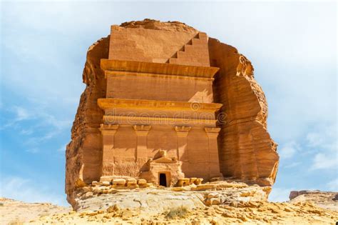 Entrance To The Tomb Of Lihyan Son Of Kuza Carved In Rock In The Desert Mada In Salih Hegra
