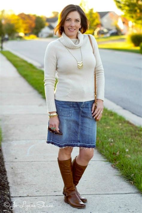 Fall Outfit Inspiration Denim Skirt Riding Boots Fall Outfits