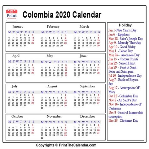 Colombia Holidays 2020 2020 Calendar With Colombia Holidays