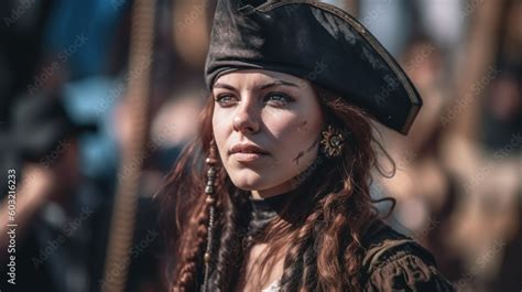 Lady Pirate Captain Standing Proudly On Her Pirate Ship Generative Ai