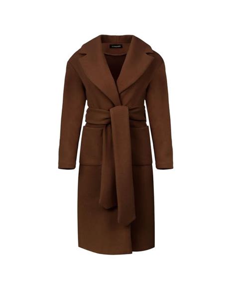 Conquista Long Chocolate Faux Mouflon Coat With Belt In Brown Lyst