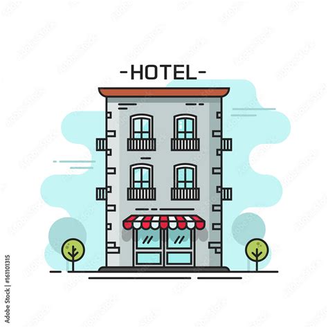 Hotel Building Vector Illustration Line Outline Flat Carton Style From