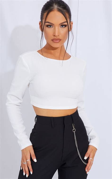 White Crepe Backless Long Sleeve Crop Top White Long Sleeve Shirt Outfit Long Sleeve Crop Top