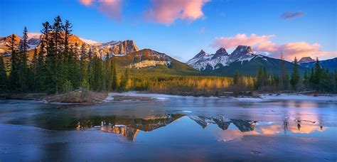 Canada Sunrise Mountain Lake Forest Frost Snowy Peak Clouds Reflection Nature