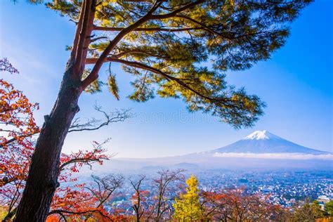 Beautiful Landscape Of Mountain Fuji With Chureito Pagoda Around Maple
