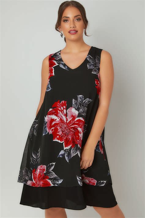 black and multi floral print sleeveless chiffon layered dress plus size 16 to 36