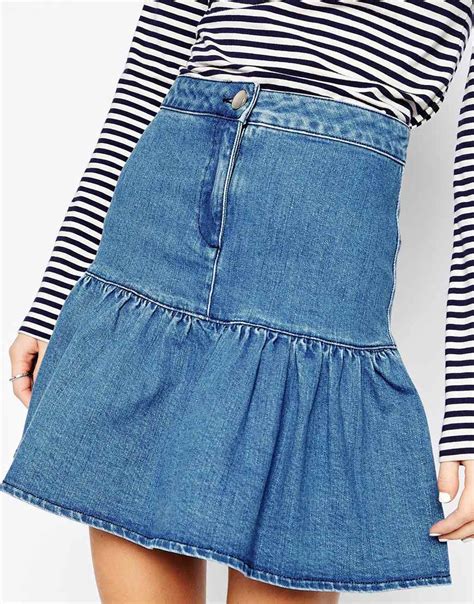 Asos Denim Mini Skirt With Ruffle Hem In Mid Wash Blue In Blue Lyst