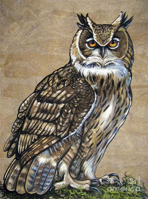 Great Horned Owl On Mossy Limb Painting By Anne Shoemaker