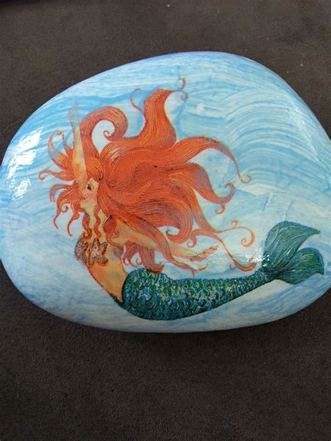 Mermaid Decoupaged On Rock Napkin Art Embellished With Paint And Nail
