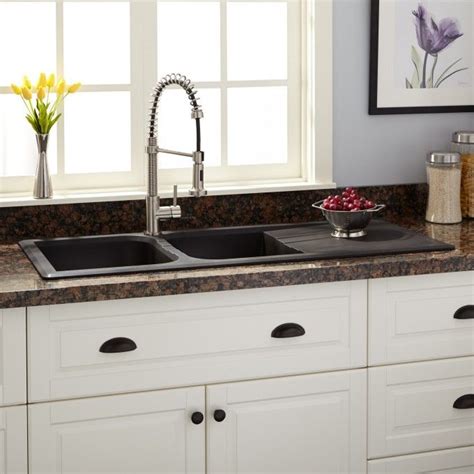Black double kitchen sink with drainer. 46" Owensboro Double-Bowl Drop-In Granite Composite Sink ...