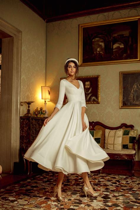 satin midi wedding dress kriss with 3 4 sleeves and v neckline midi wedding dress tea length