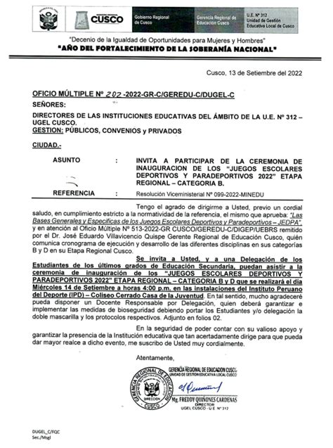 Oficio MÚltiple N°202 2022gr Cgeredu Cdugel C Ugel Cusco
