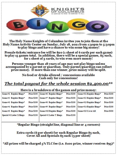 Knights Of Columbus Bingo Sunday July 18 2021 Holy Name Catholic Church