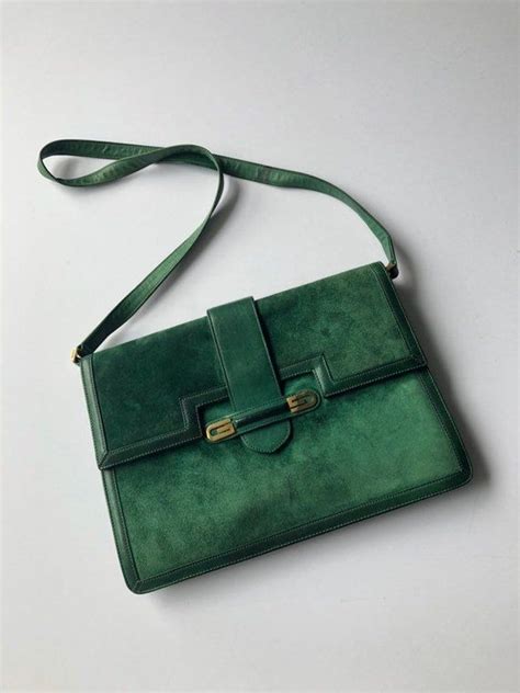 Vintage Gucci Green Suede Shoulder Bag Dark Green Clutch Green Clutches